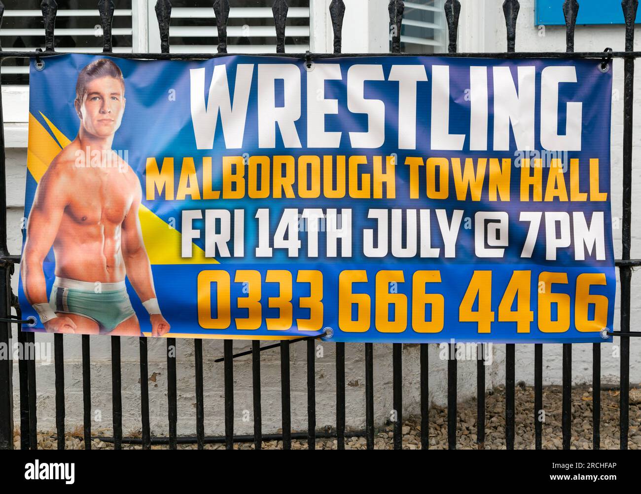 Advertising poster banner for wrestling event in Marlborough Town Hall, Wiltshire, England, UK Stock Photo