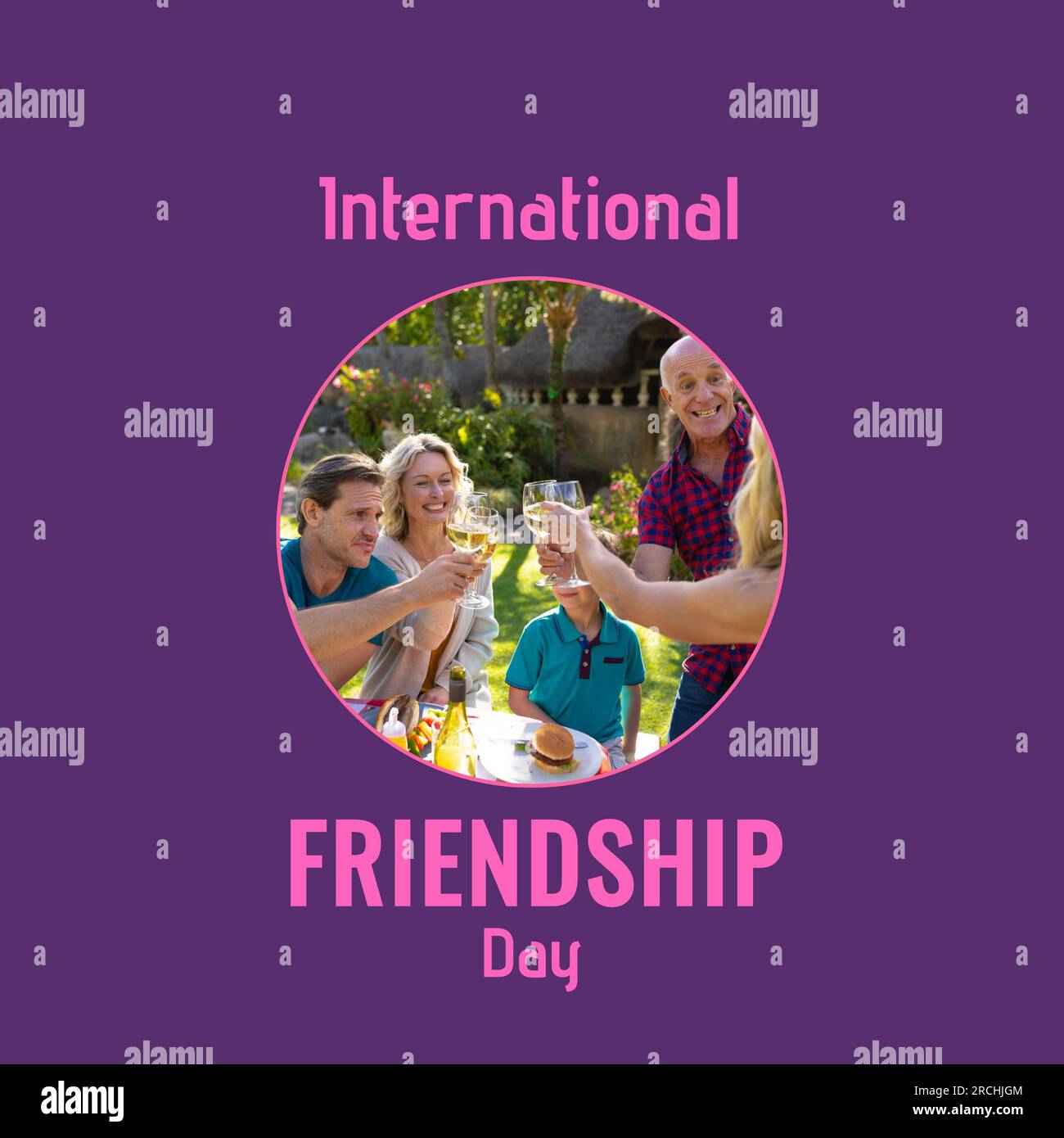 International friendship day text on purple with caucasian three generation family making a toast Stock Photo
