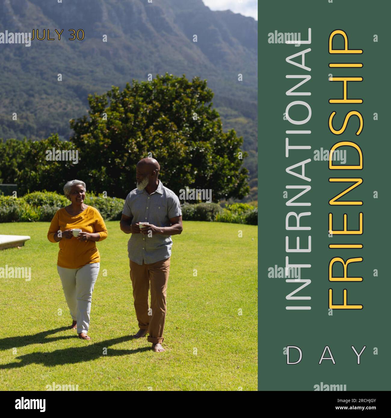 International friendship day text with happy diverse senior friends