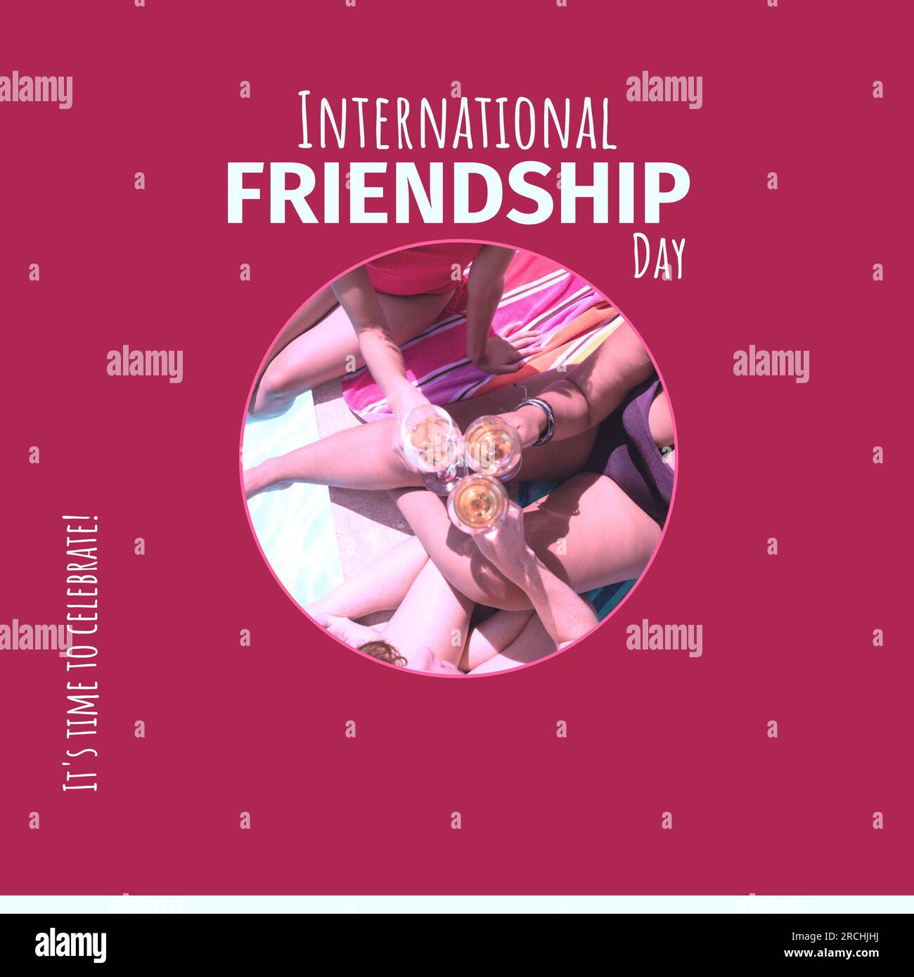 International friendship day text on red with diverse female friends making a toast Stock Photo