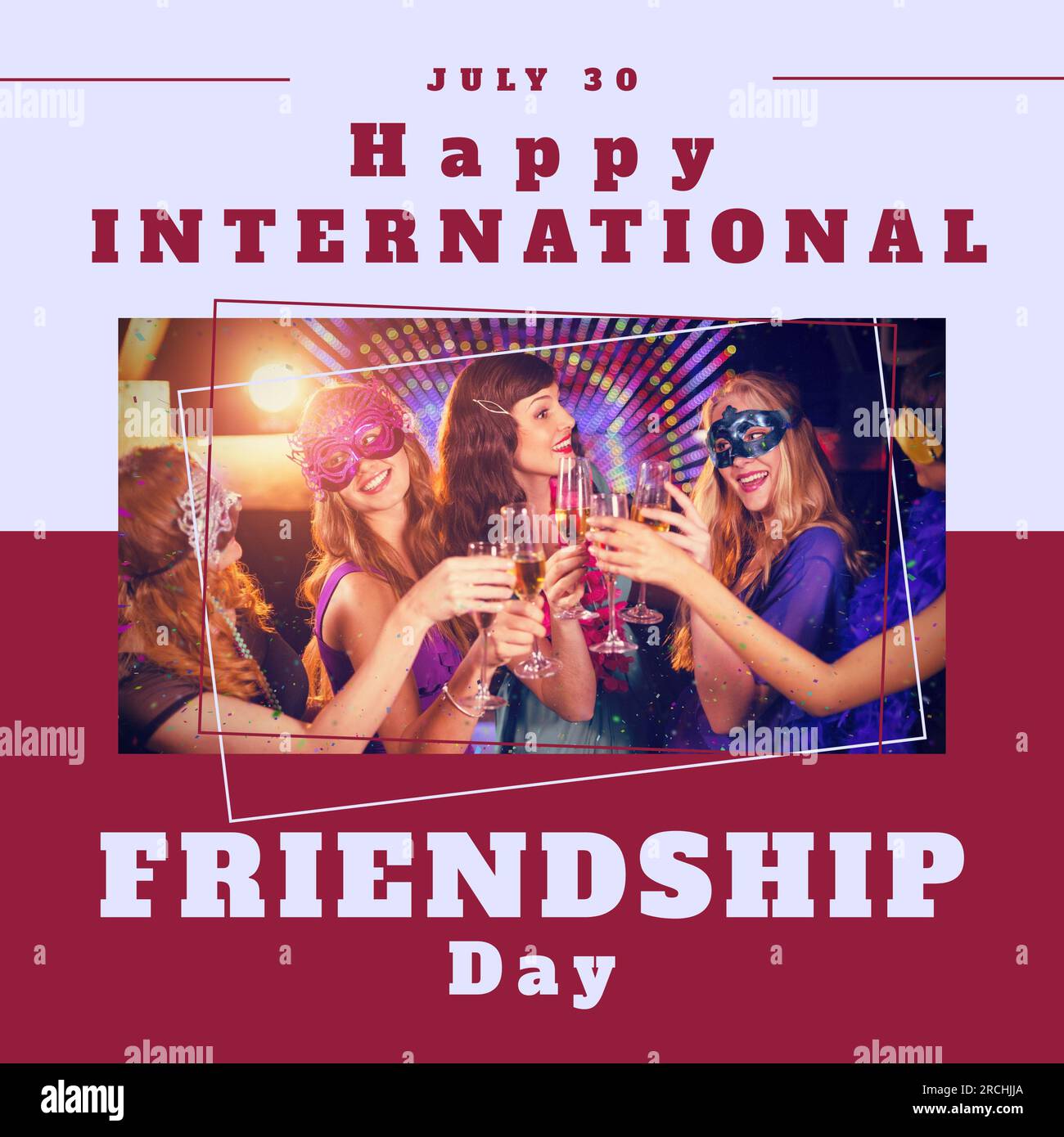Happy international friendship day text with happy diverse female friends making a toast at party Stock Photo