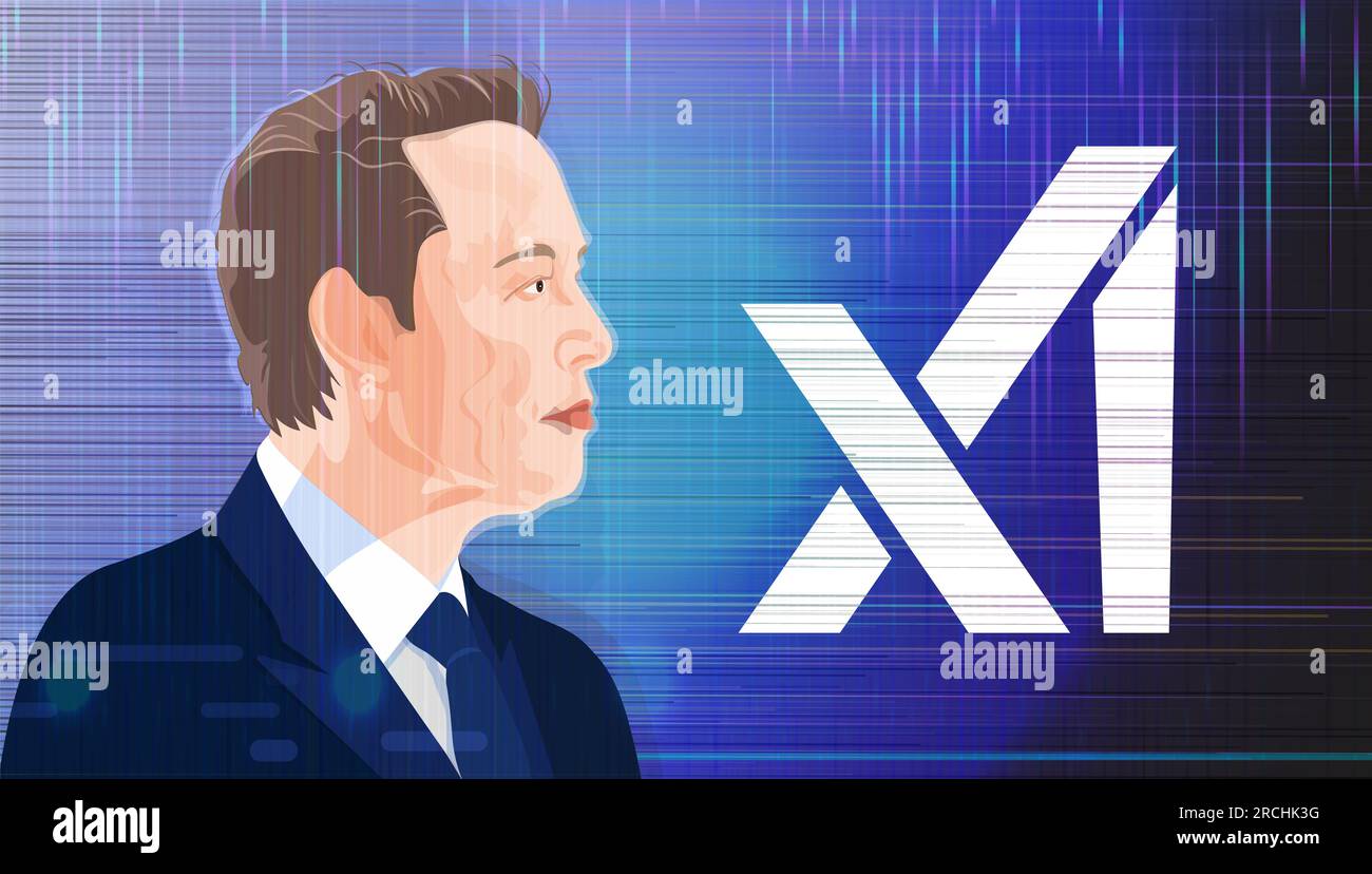Elon Musk founded xAI. Elon Musk portrait and xAI inscription. July 12