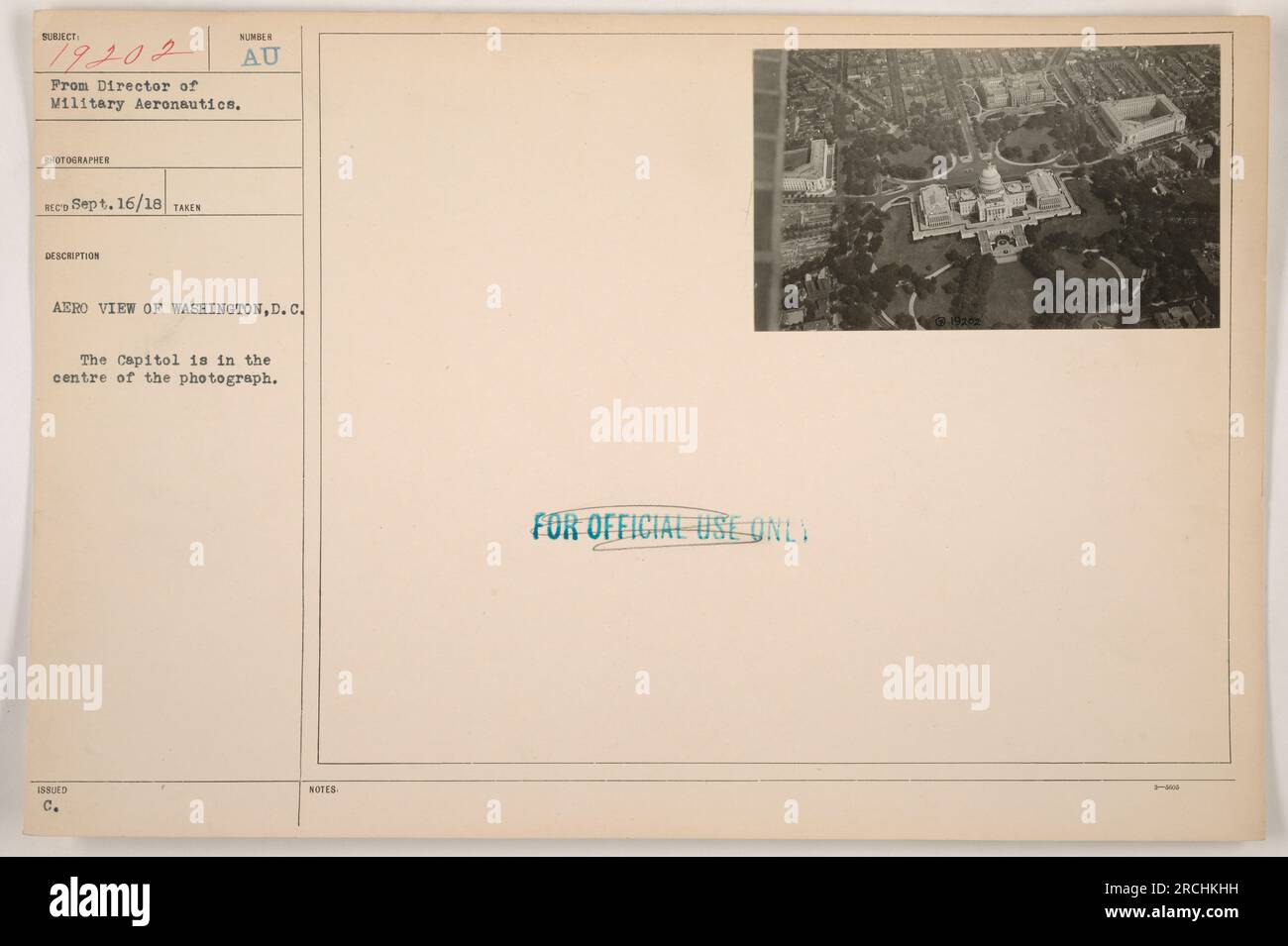 Aerial view of Washington, D.C. with the Capitol in the center. This ...