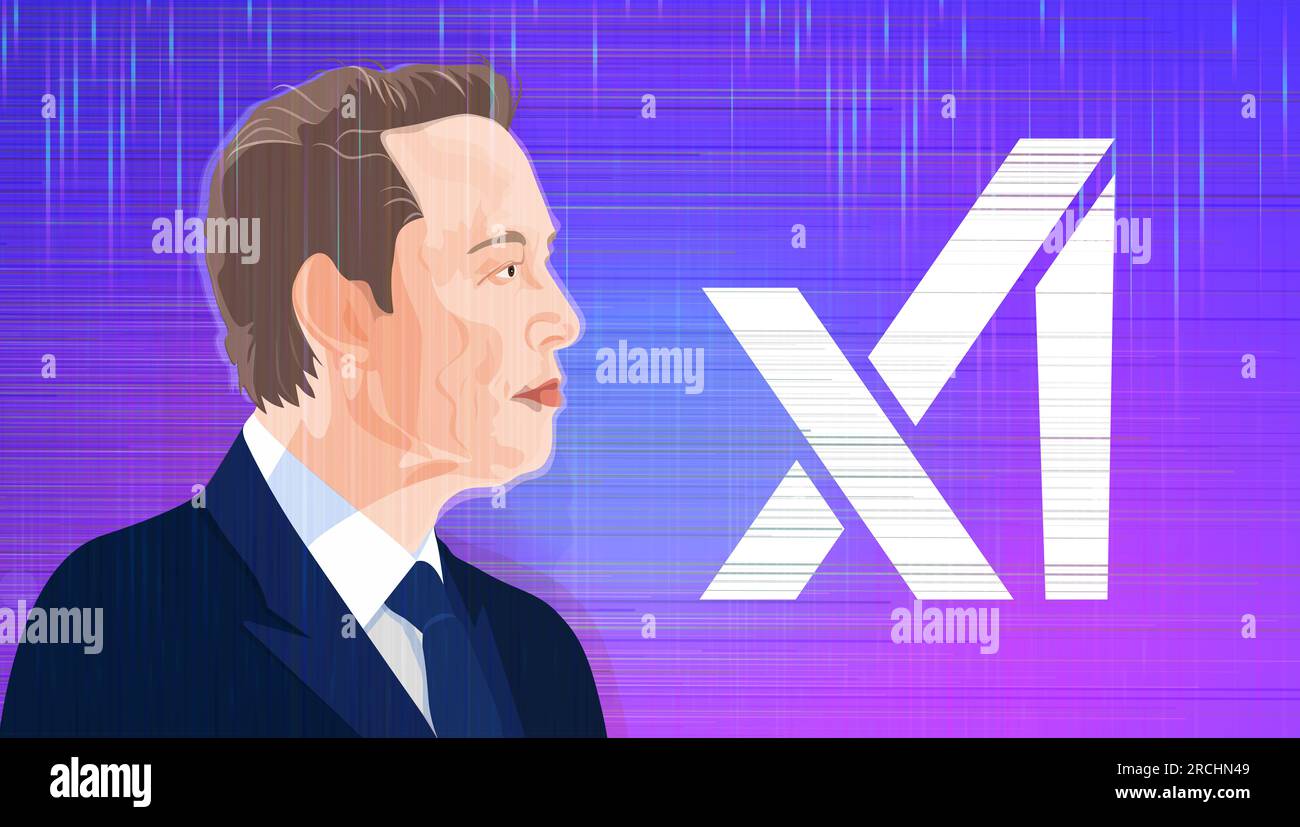 Elon Musk founded xAI. Elon Musk portrait and xAI inscription. July 12