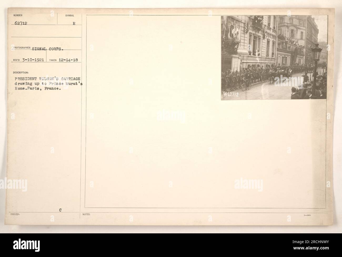 President Woodrow Wilson's carriage arriving at Prince Murat's Home in Paris, France during World War I. The photograph was taken on December 14, 1918 and was received by the Signal Corps on March 10, 1921. The symbol issued for this image is 'E.' Stock Photo