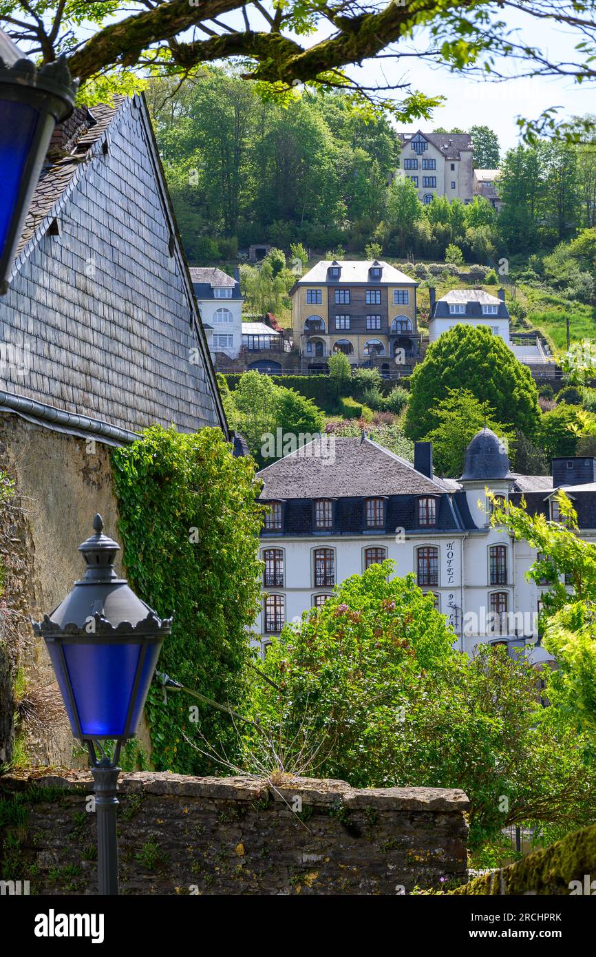 Walking in medieval town Bouillon with fortified castle on rock