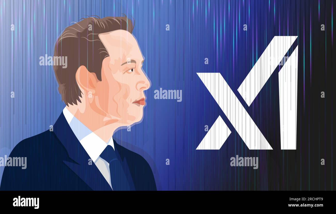 Elon Musk founded xAI. Elon Musk portrait and xAI inscription. July 12