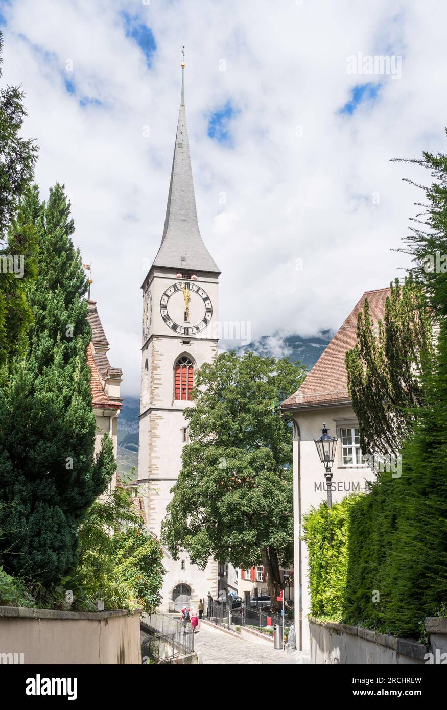 The clock tower of St Martins church in Chur, Switzerland, Europe Stock