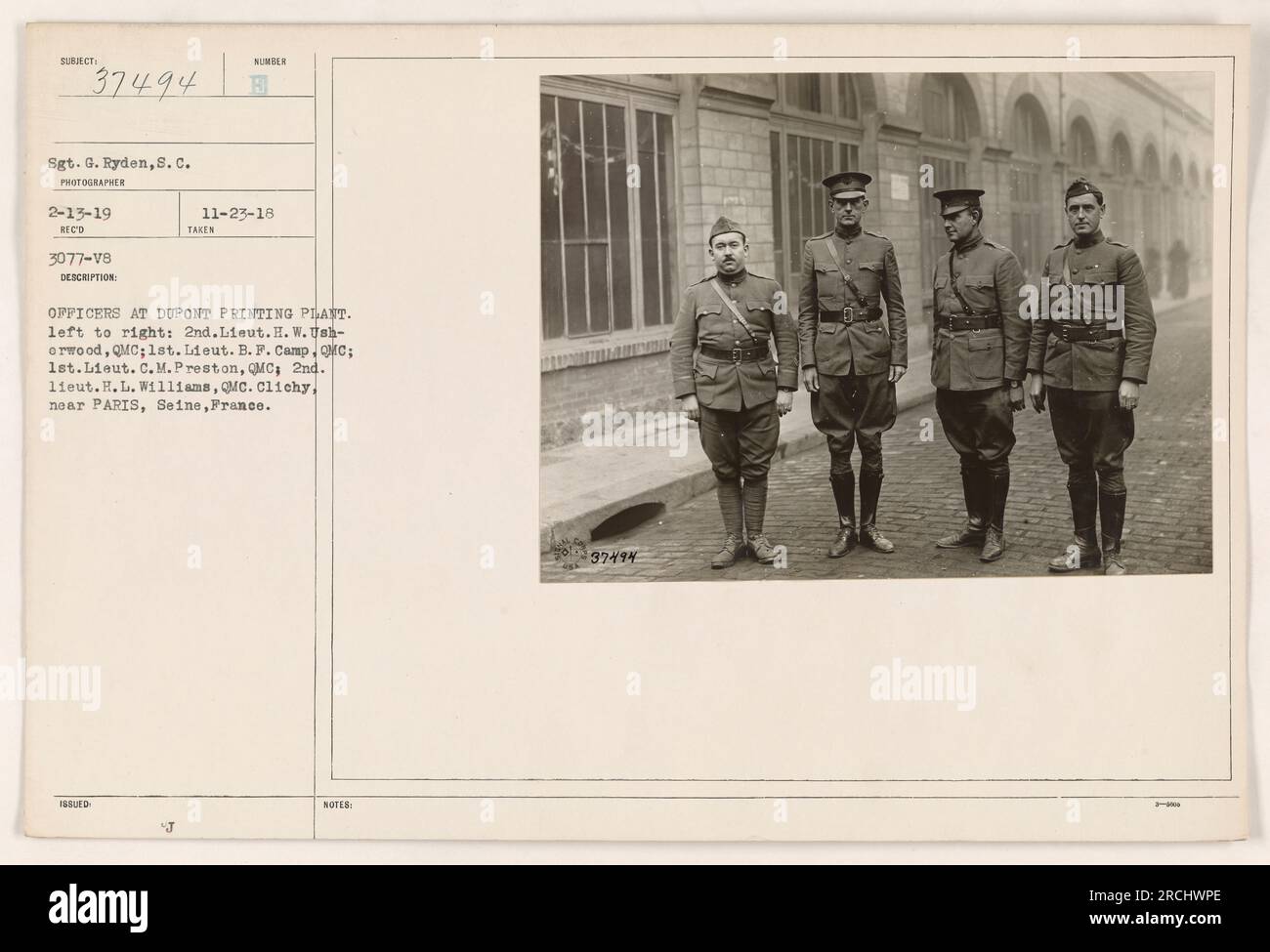 Sgt. G. Ryden from the Signal Corps took this photograph on February 13, 1919. It shows officers at the Dupont Printing Plant in Clichy, near Paris, France. From left to right, the officers are identified as 2nd Lt. H. W. Ushorwood, QMC; 1st Lt. B. F. Camp, MC; 1st Lt. C. M. Preston, QMC; and 2nd Lt. H. L. Williams, QMC. Stock Photo