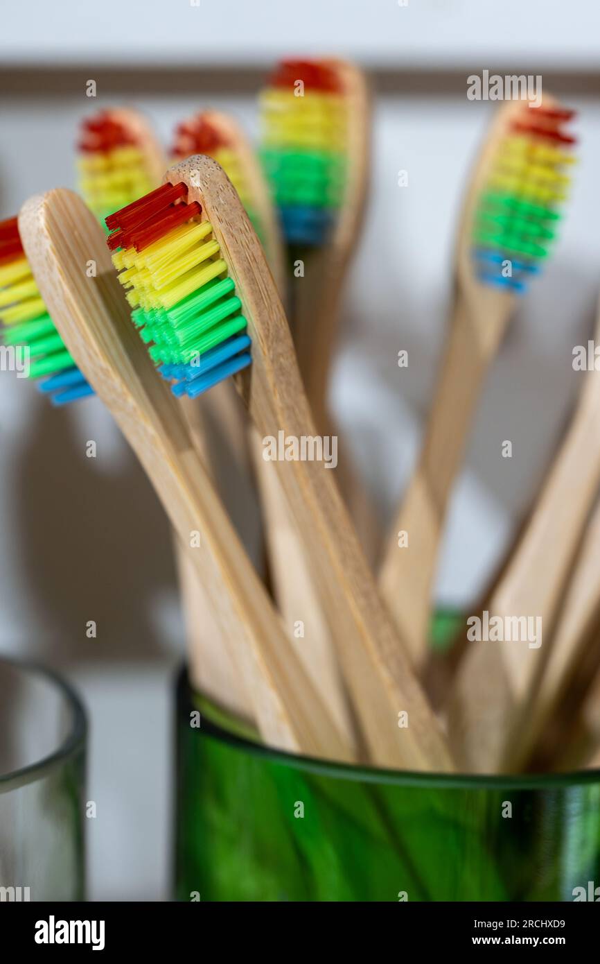 Eco friendly toothbrushes made of bamboo with recycled plastic bristles