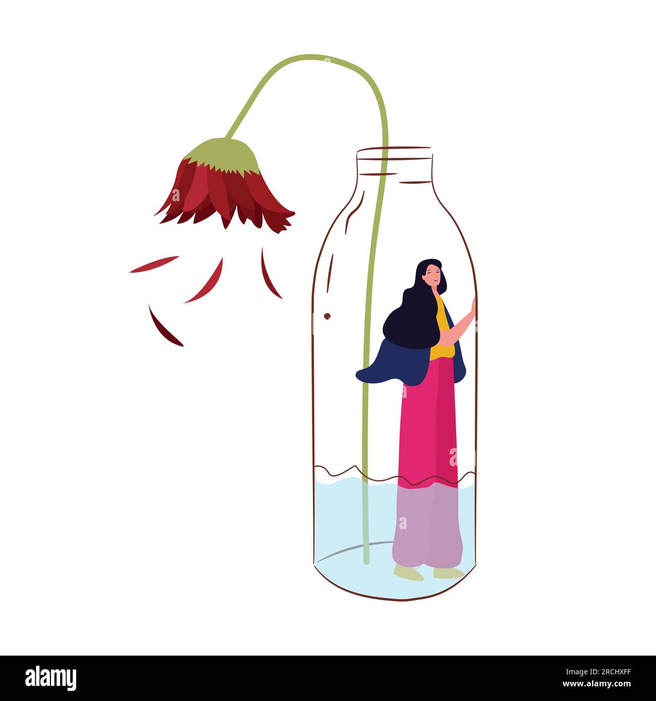 Girl inside bottle wilted flower dry dead spiritless plant and sadness girl broke heart disappointed love stress unhappy expression Stock Vector