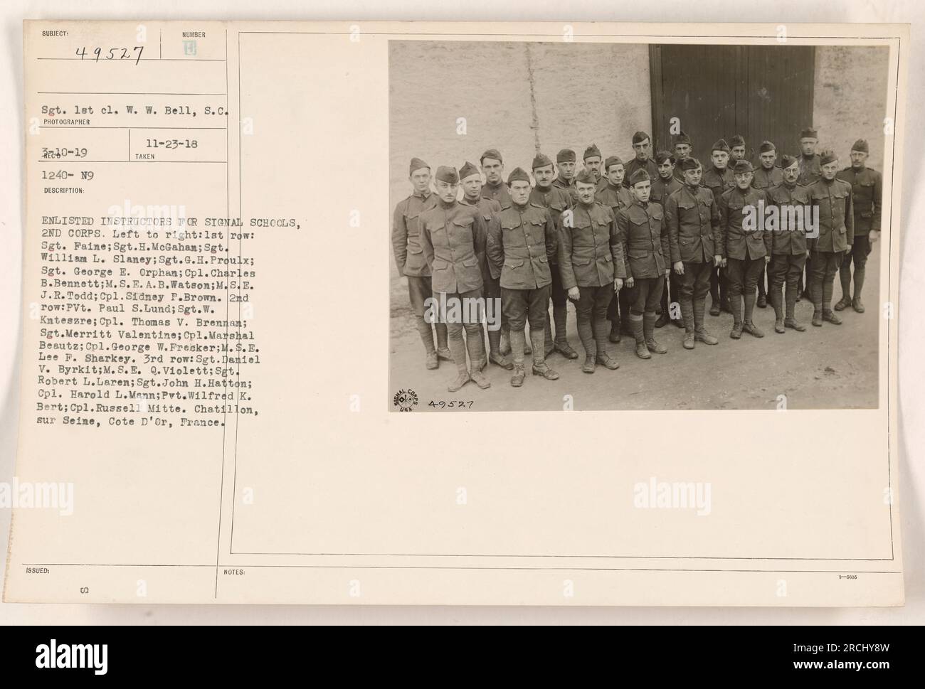 Enlisted instructors for Signal Schools, 2nd Corps in Chatillon-Sur-Seine, Cote d'Or, France. Sgt. W.W. Bell, S.C., took the photograph. The picture features several individuals in three rows, with their names included in the caption. Information regarding date, description, and notes is also provided. Stock Photo