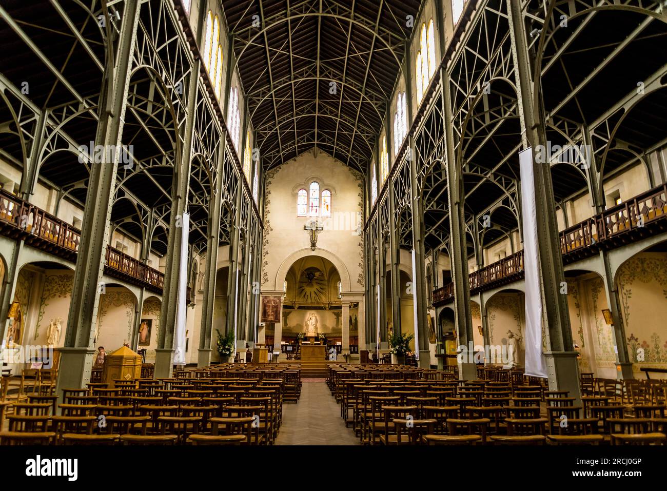 Church of Our Lady of Labour, Late 1800s church with industrial-style iron pillars & arches, 14th arrondissement,, Paris, France Stock Photo