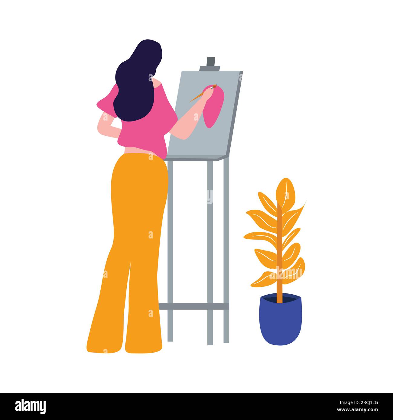 Girl artist skill hobby drawing paint in canvas standing creative professional designer Stock Vector