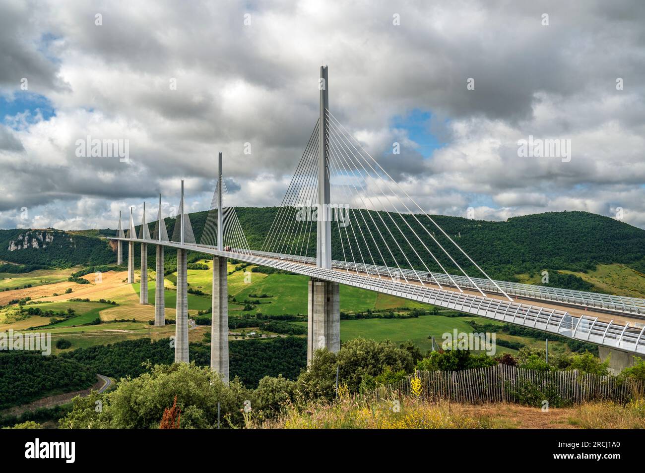 The Millau viaduct of the A75 motorway crossing the Tarn valley in Occitanie, France Stock Photo