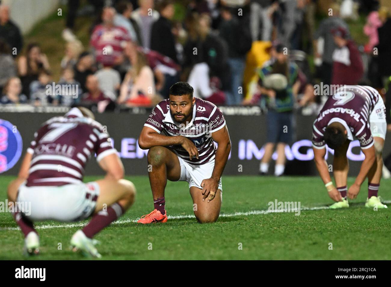 Sydney, Australia. 15th July, 2023. Dejected Sea Eagles following their  loss to the Cowboys during the NRL Round 20 match between the Manly  Warringah Sea Eagles and the North Queensland Cowboys at