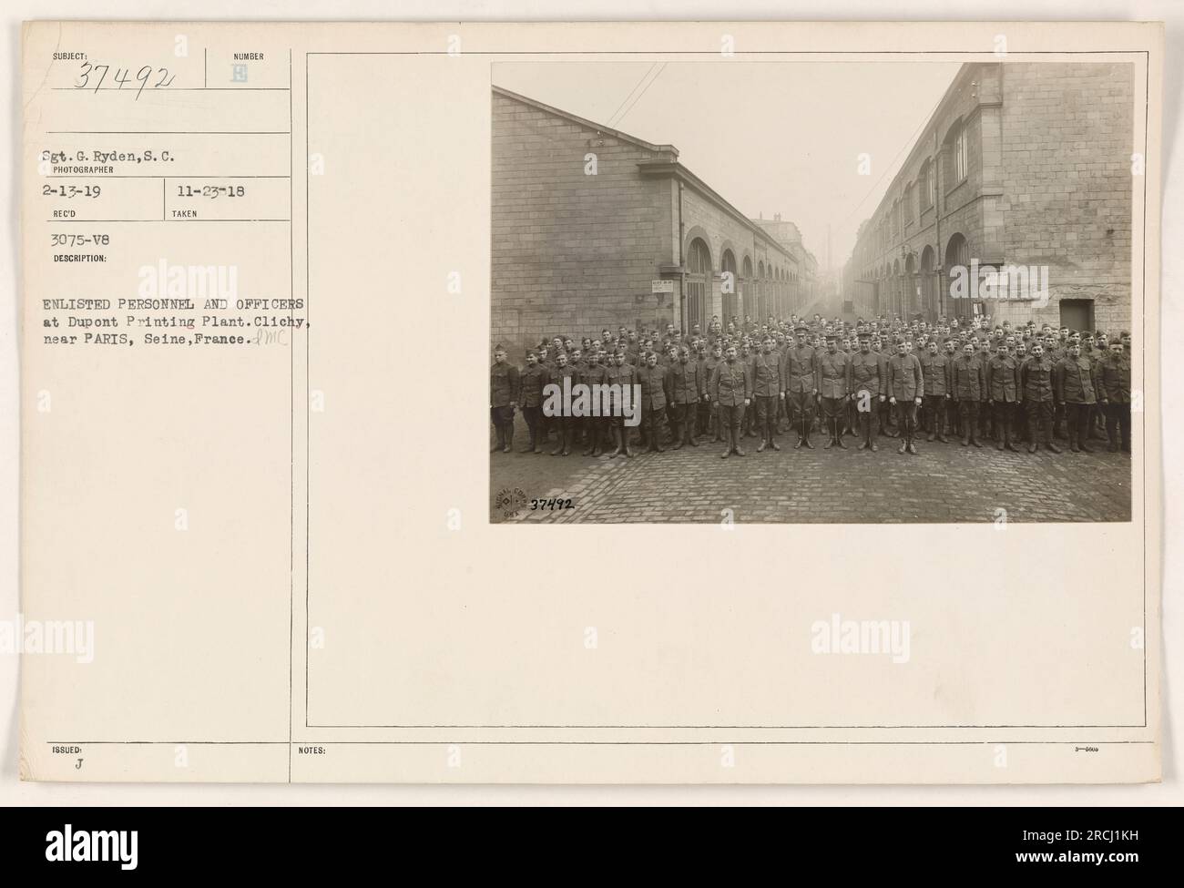 Enlisted personnel and officers of the American military at Dupont Printing Plant in Clichy, near Paris, France during World War One. The photo was taken on November 23, 1918, by Sgt. G. Ryden from the Signal Corps. Stock Photo