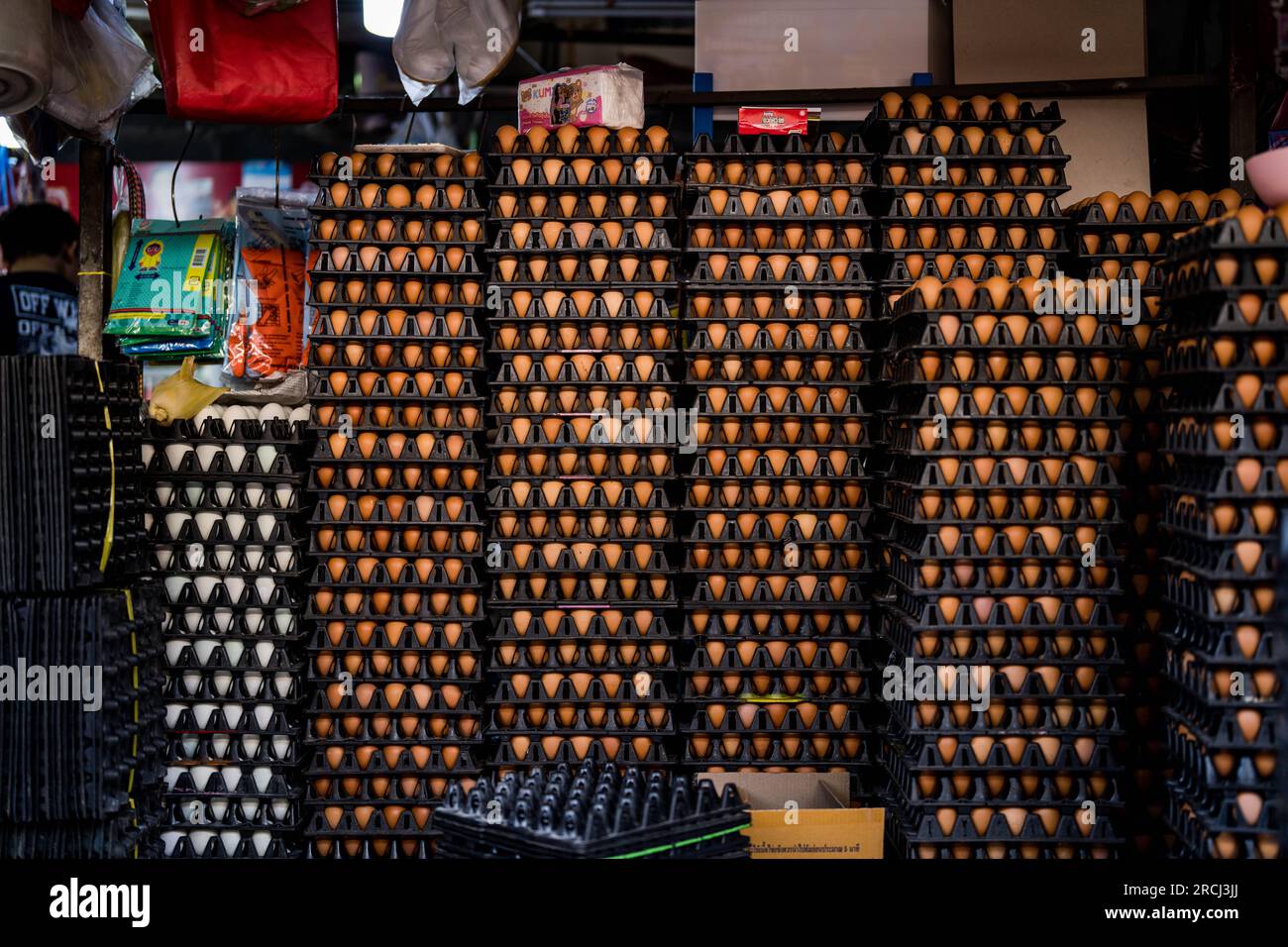 Bangkok, Thailand. 15th July, 2023. Crates of eggs seen at a wet market in Khlong Toey. Credit: SOPA Images Limited/Alamy Live News Stock Photo