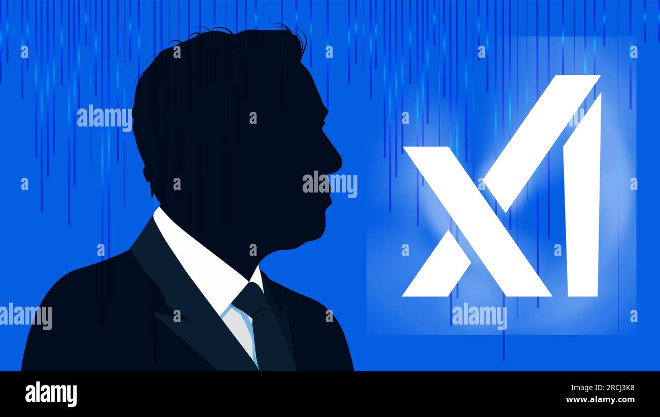 Elon Musk founded xAI. Elon Musk portrait and xAI inscription. July 12