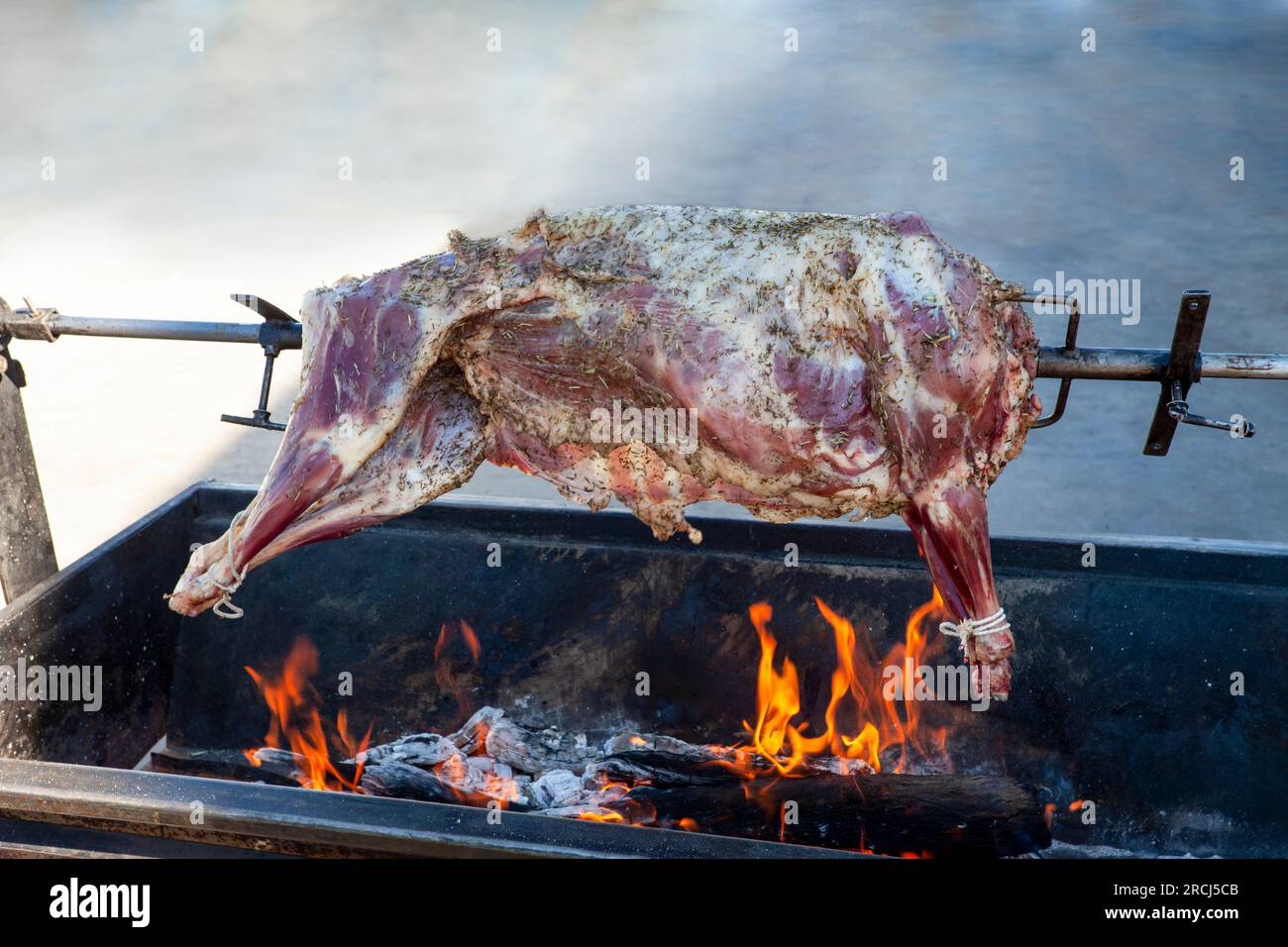 traditional spit barbeque in the backyard with a lamb sprinkled with herbs above the charcoal Stock Photo