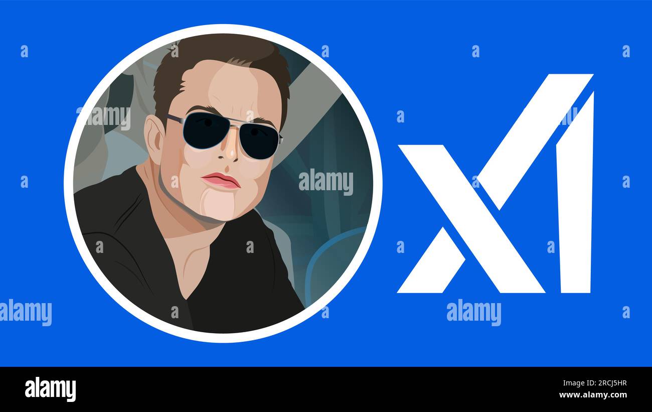 Elon Musk founded xAI. Elon Musk portrait and xAI inscription. July 12