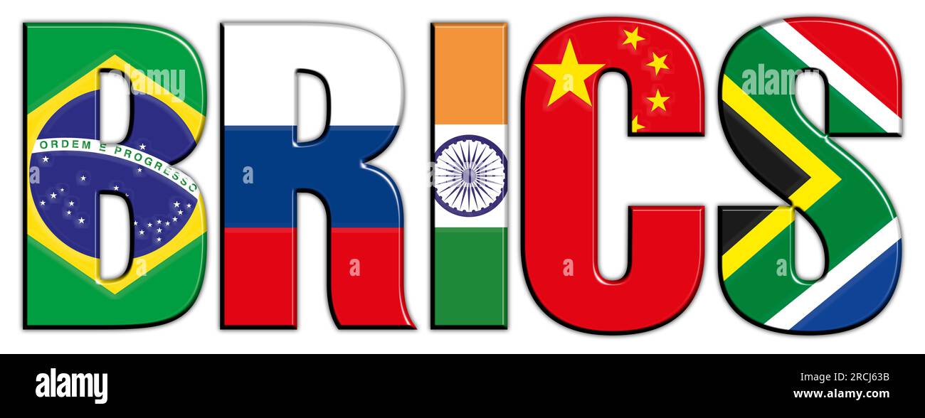 BRICS summit, name with flags of the countries, illustration on the white background Stock Photo