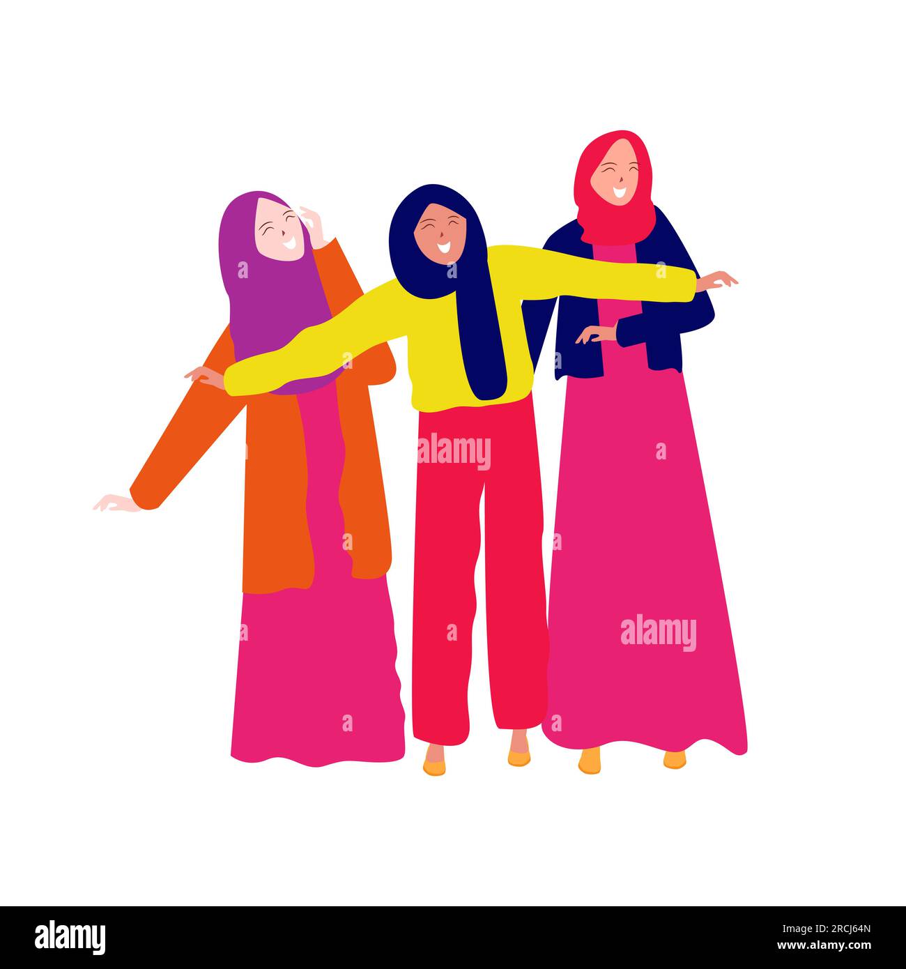 three muslim girls wearing hijab together friendship toothy smile expression enjoyful well being healthy life Stock Vector