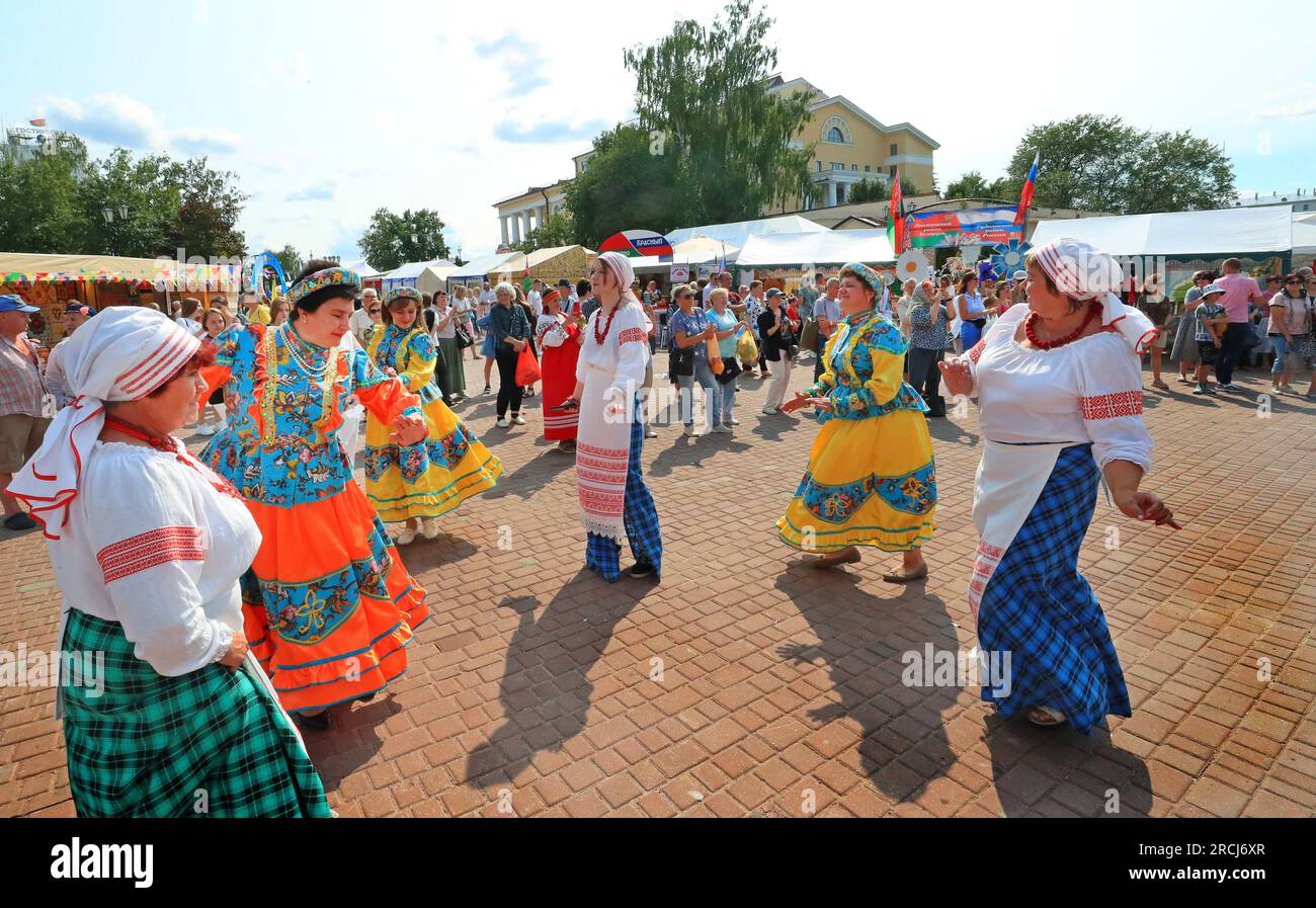 Vitebsk, Belarus. 14th July, 2023. Actresses perform folk dance during