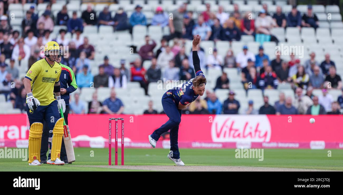 Taken in Birmingham, UK on 15 Jul 2023 at Warwickshire County Cricket Club, Edgbaston.  Pictured is Essex's Aaron Beard in action bowling during the 2023 Vitality Blast Semi Final between Essex & Hampshire  Image is for editorial use only - credit to Stu Leggett via Alamy Live News Stock Photo