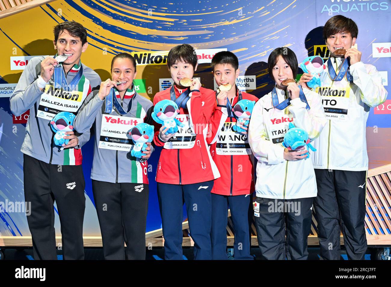 Fukuoka, Japan. 15th July, 2023. Gold medalists Wang Feilong (3rd R ...