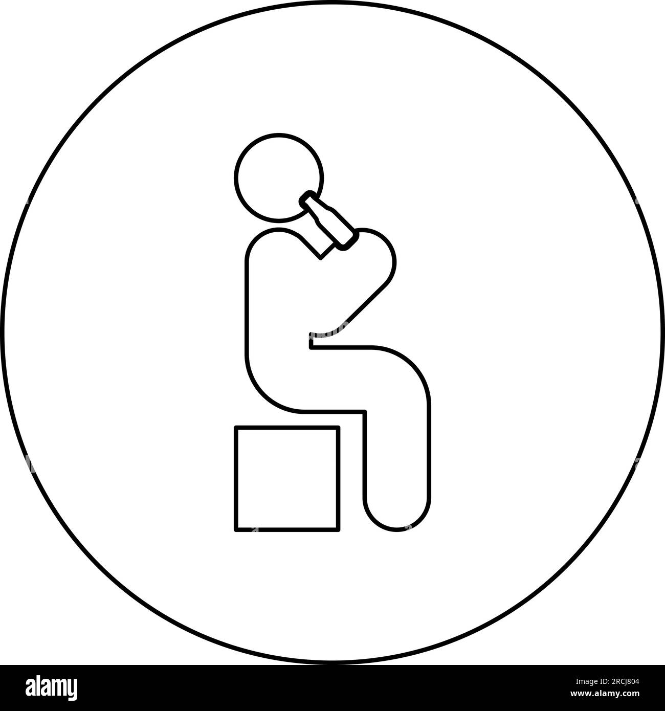 Man human drinking water alcohol beer from bottle sitting position icon in circle round black color vector illustration image outline contour line Stock Vector