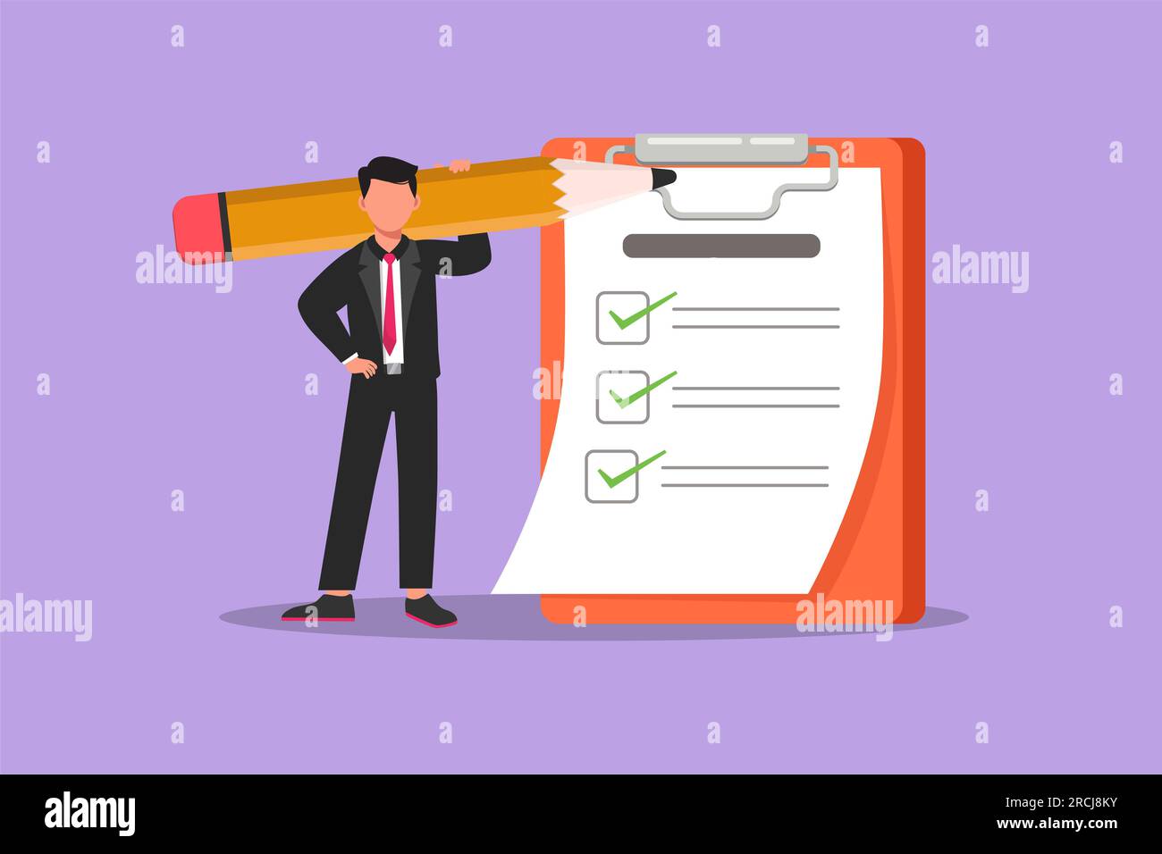 Cartoon flat style drawing positive businessman with huge pencil on his shoulder nearby marked checklist on clipboard paper. Successful completion of Stock Photo