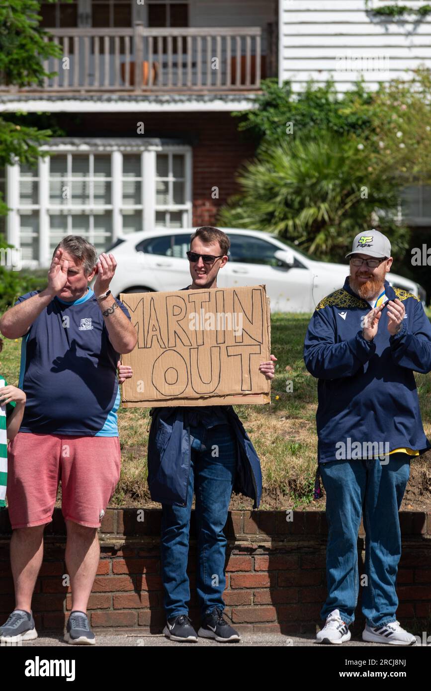Benfleet, Southend on Sea, Essex, UK. 15th Jul, 2023. A protest is taking place outside the home of Ron Martin, owner of National League club Southend United. The fans blame him for not investing in the club, for repeated relegations, delay in selling the club & fears that a forthcoming HMRC winding-up petition may go unpaid & risk the club’s survival. Some players and staff wages, and service bills have not been paid for some time, with supporters having set up a hardship fund to assist. Players are missing training and pre-season matches cancelled Stock Photo