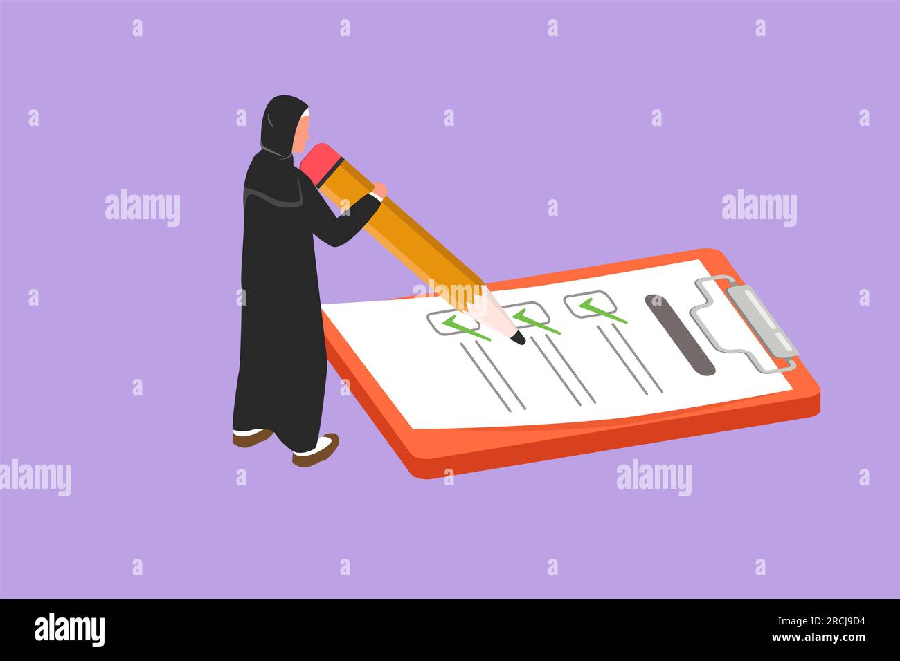 Graphic flat design drawing Arab businesswoman filled out questionnaire ...