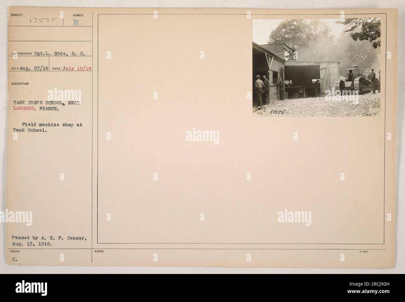 The photograph shows a field machine shop at the Tank Corps School near