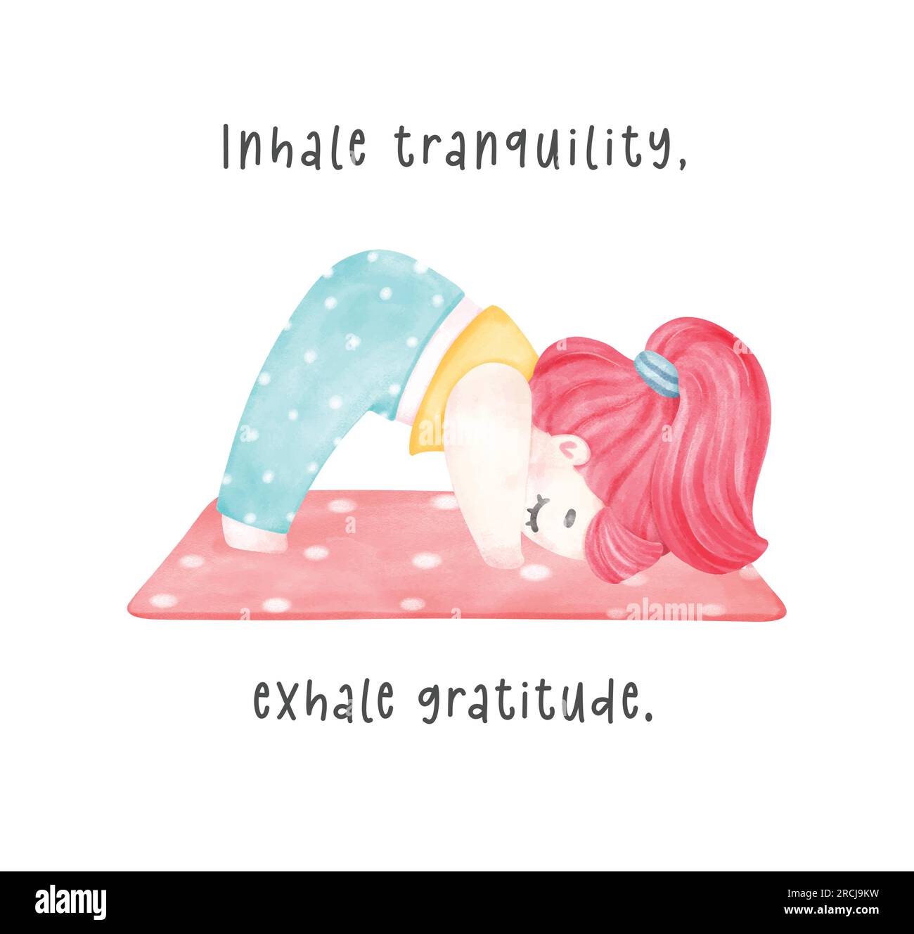 cute cartoon young kid girl in downward dog yoga pose radiates happiness and promotes relaxation. Peaceful and self care in pastel vibrant watercolor Stock Vector