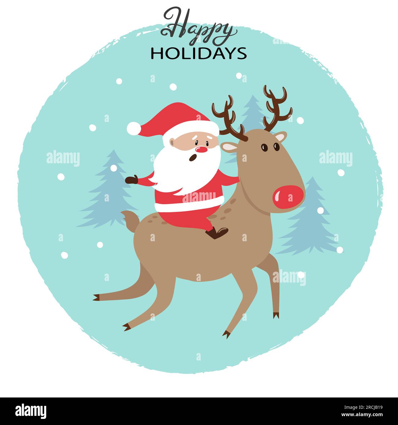 Merry Christmas card design with cartoon Santa Claus and deer. Vector ...