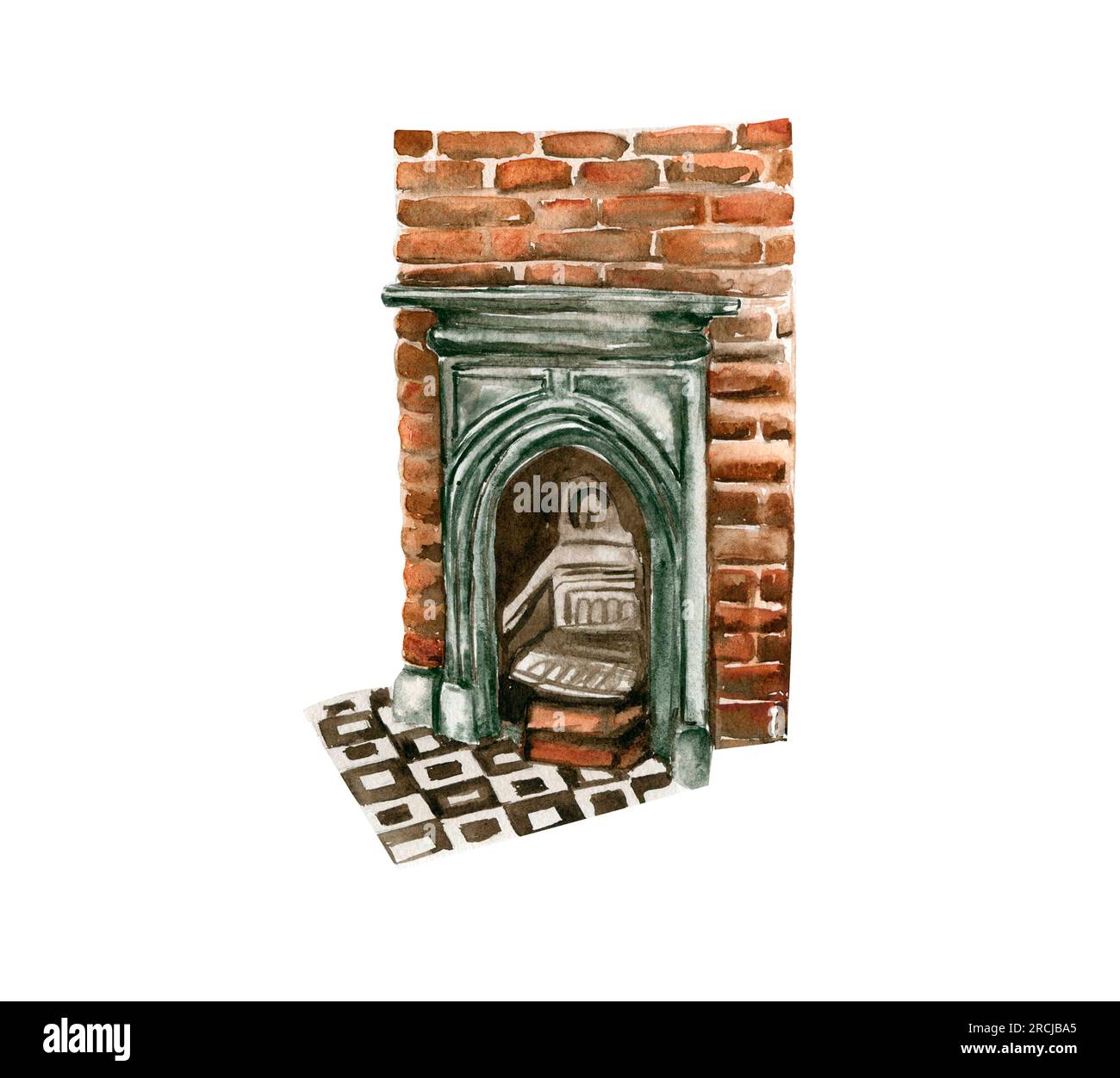 Watercolor old green wood brick fireplace. Perfect for wedding