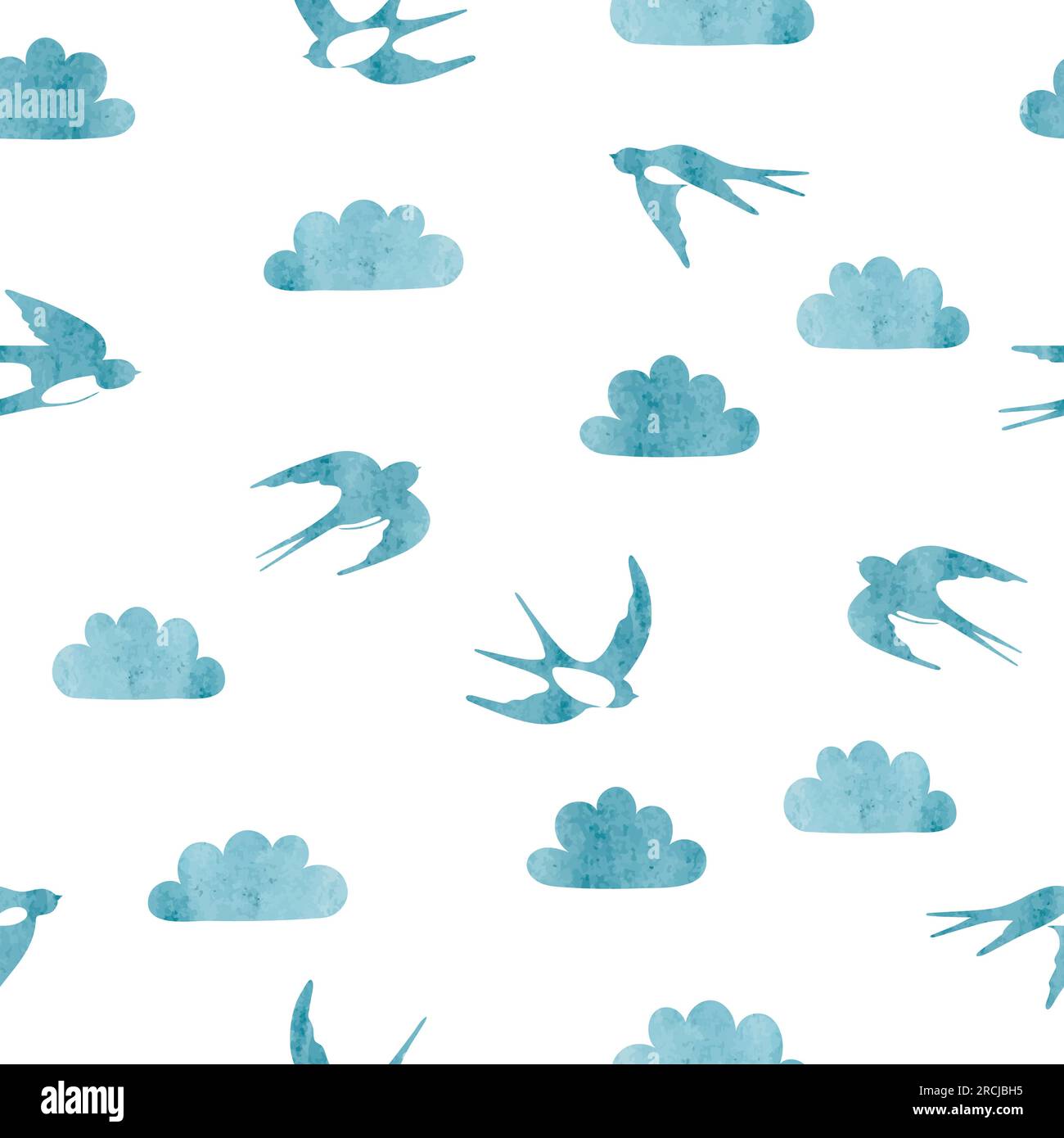 Flying swallows and clouds silhouettes. Seamless watercolor pattern. Stock Vector
