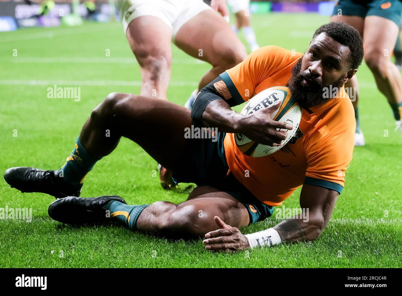 Sydney, Australia, 15 July, 2023. Marika Koroibete of Wallabies catches the ball on his try line during the Rugby Championship match between Australia and Argentina at CommBank Stadium on July 15, 2023 in Sydney, Australia. Credit: Pete Dovgan/Speed Media/Alamy Live News Stock Photo