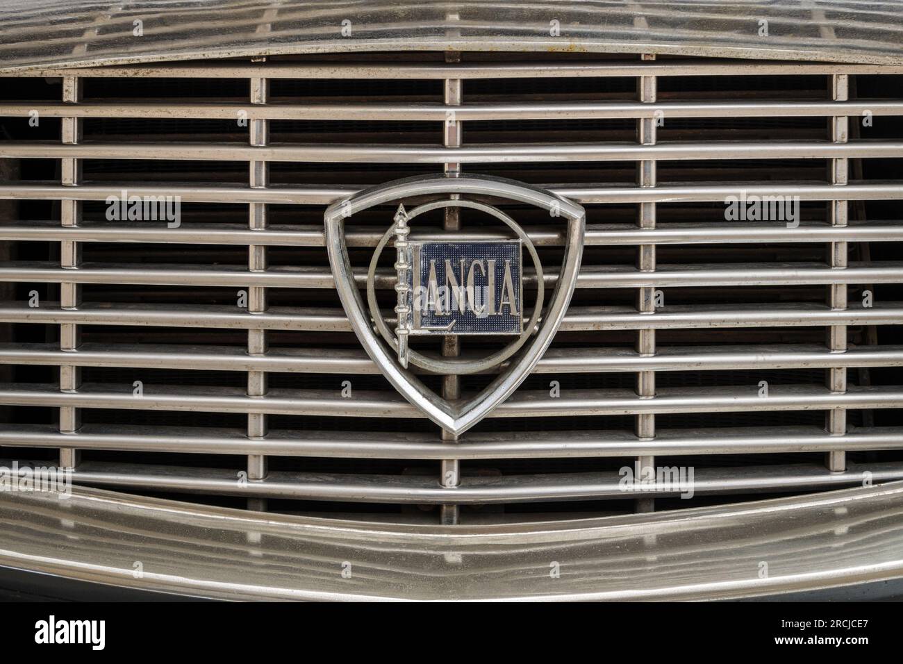 Closeup of Lancia Flavia logo on a vintage car Stock Photo