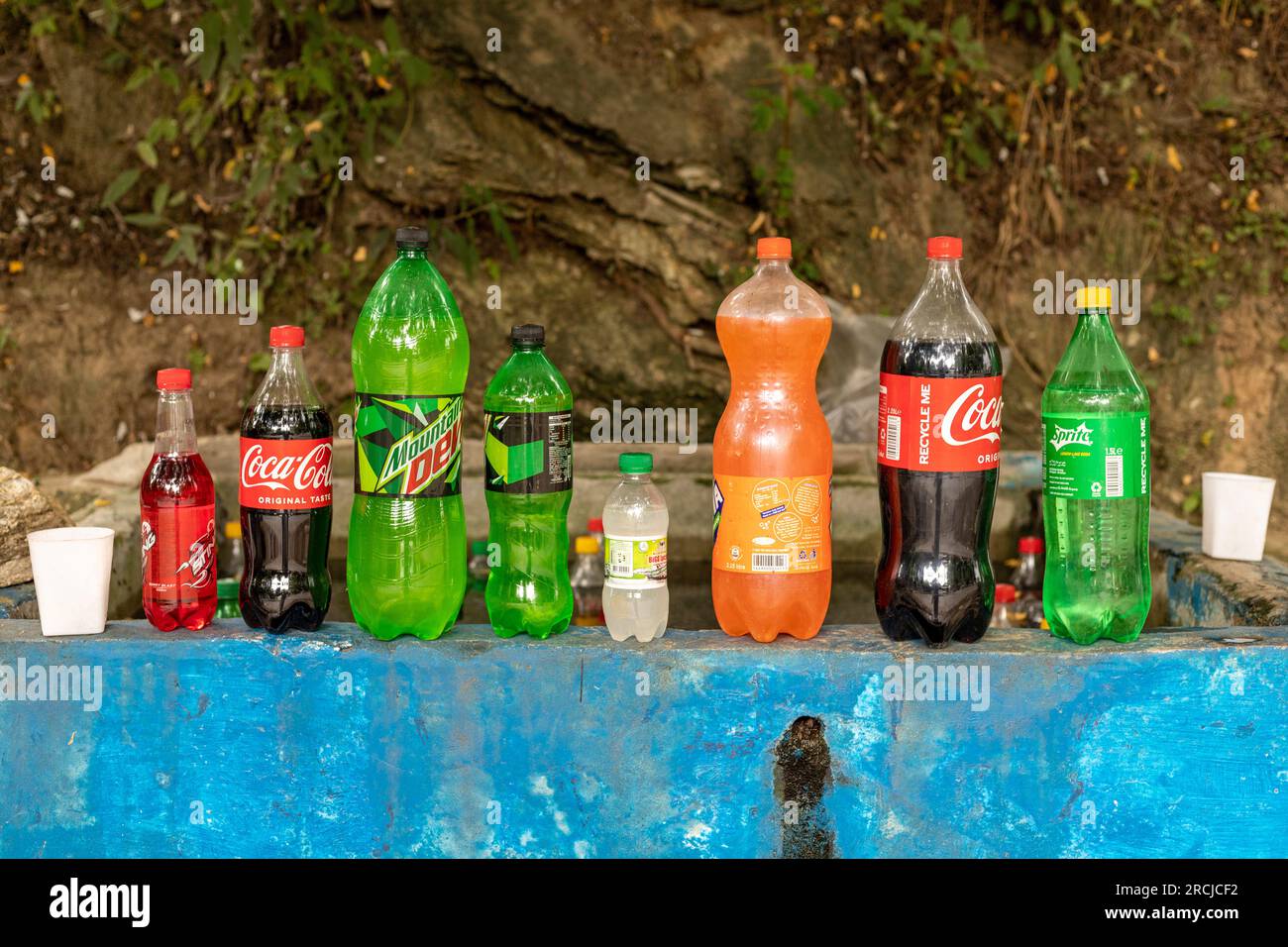 Cold drinks and beverages at a road side stall: Swat valley, Pakistan - June 10, 2023. Stock Photo