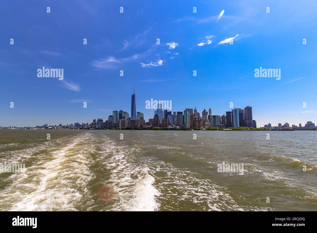 Scenic waterfront skyline with One World Trade Center seen from Upper New York Bay, Manhattan, New York City, USA Stock Photo