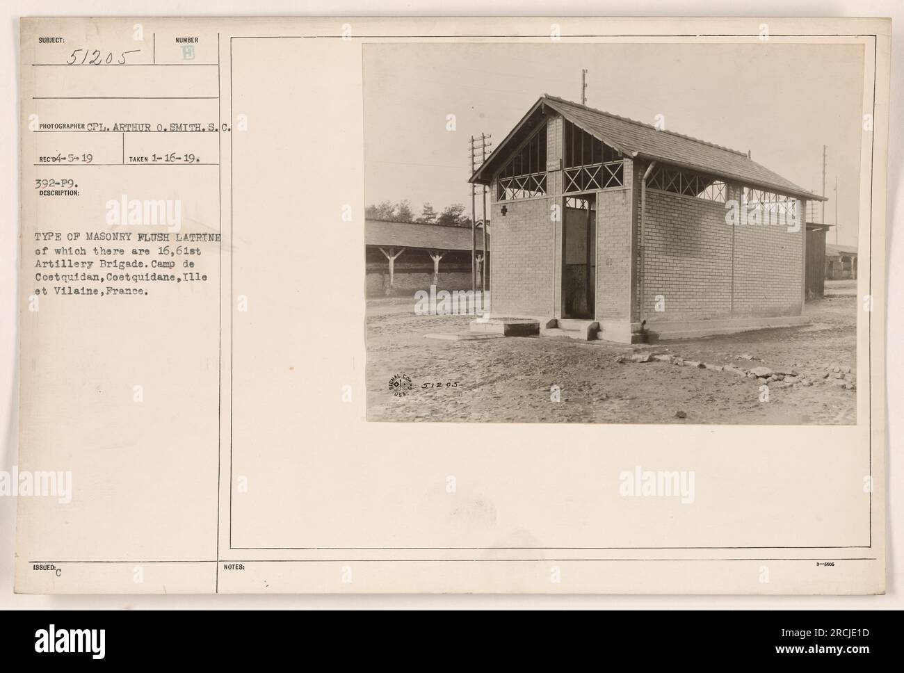 Image depicting one of the 16 masonry flush latrines at the 61st Artillery Brigade camp in Camp de Coetquidan, Coetquidane, Ille et Vilaine, France. This latrine is noted in DESCRIPTION NUMBER B, taken on January 16, 1919, by photographer Cpl. Arthur O. Smith, S.C. Stock Photo