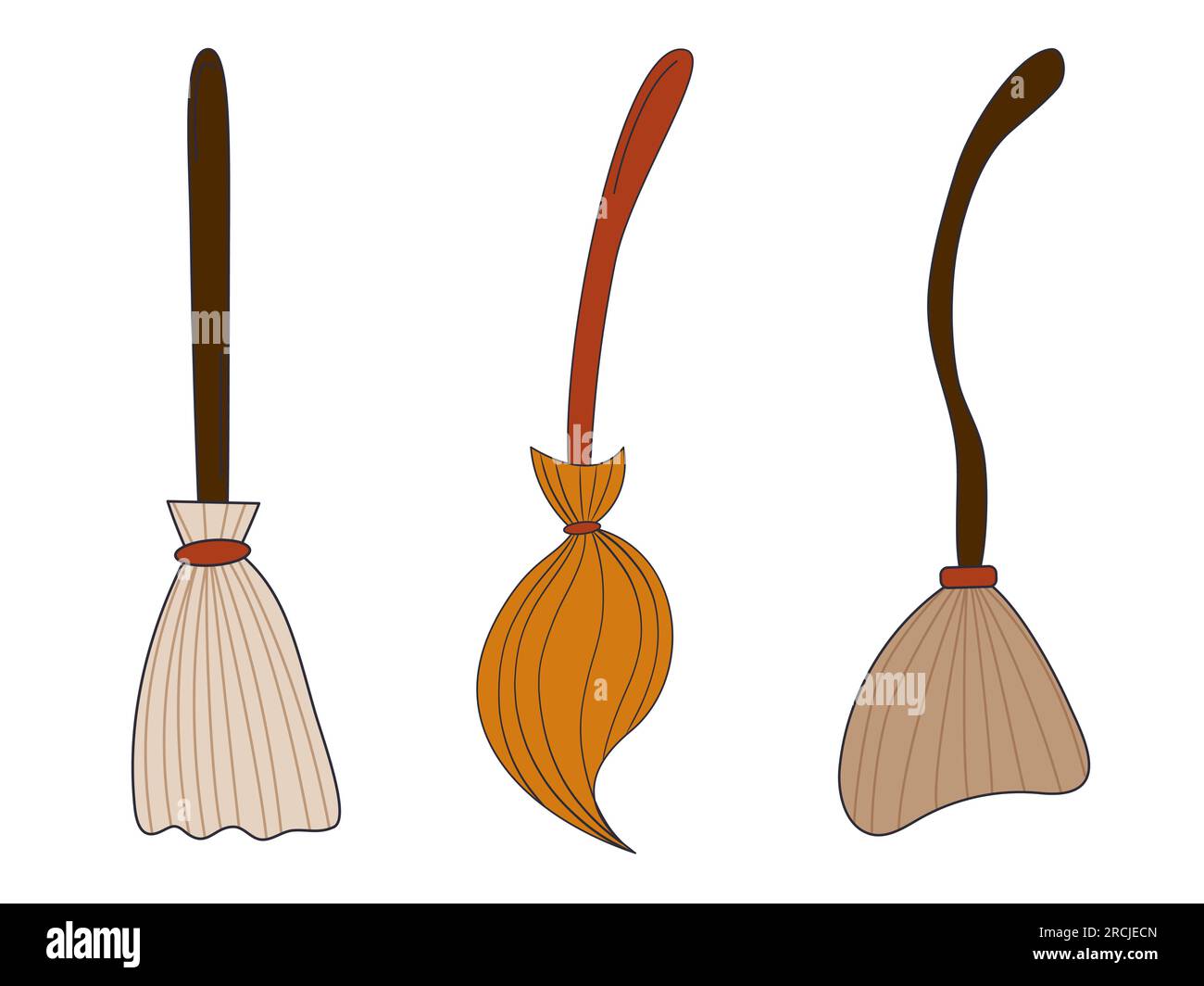 Witch broom set. Clipart isolated on white background. Witch attribute.  Stock Vector
