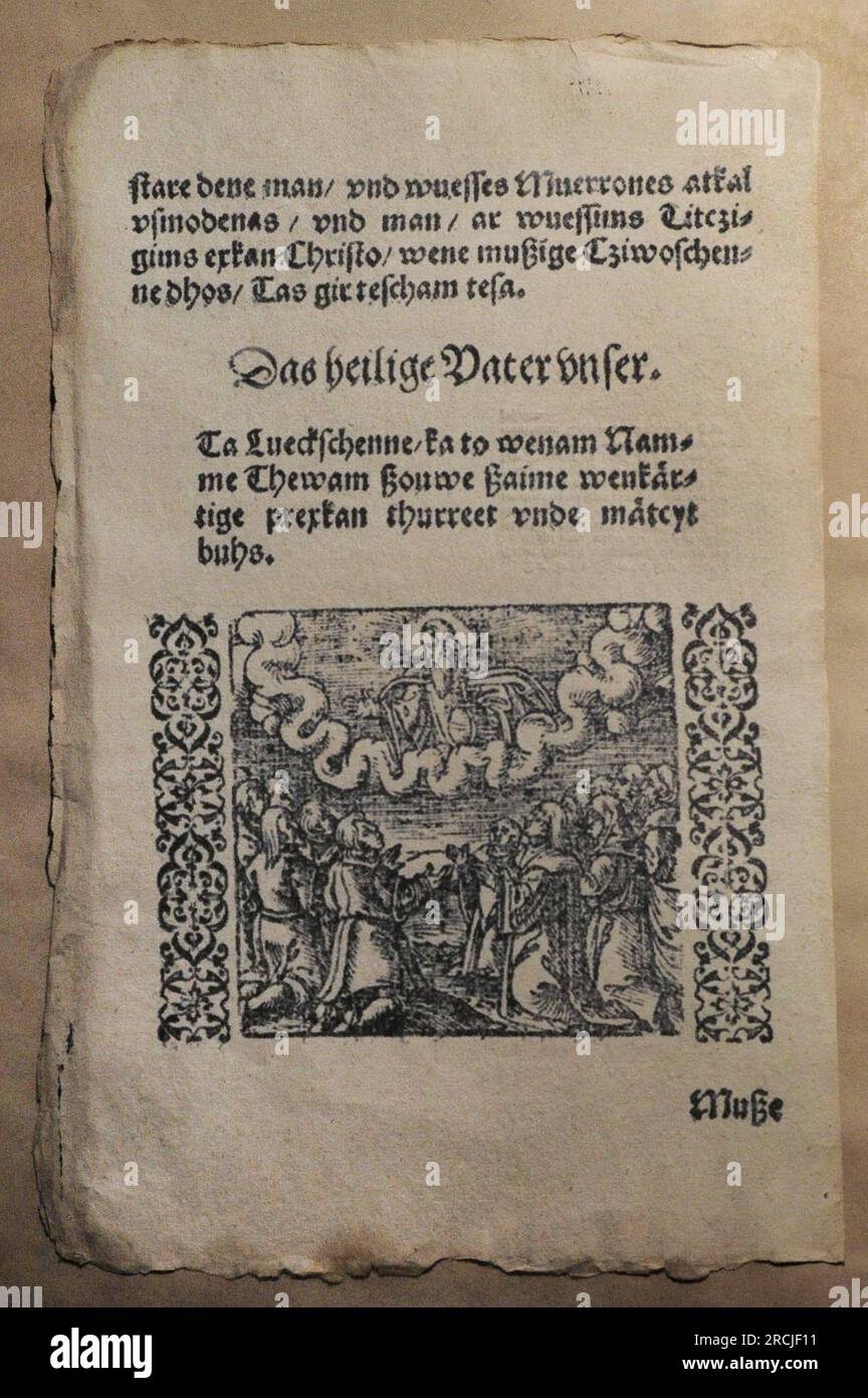 Martin Luther (1483-1546). German theologian and Augustinian friar. Small Catechism. Edition published in Latvian. Konigsberg, 1586. Latvian War Museum. Riga. Latvia. Stock Photo