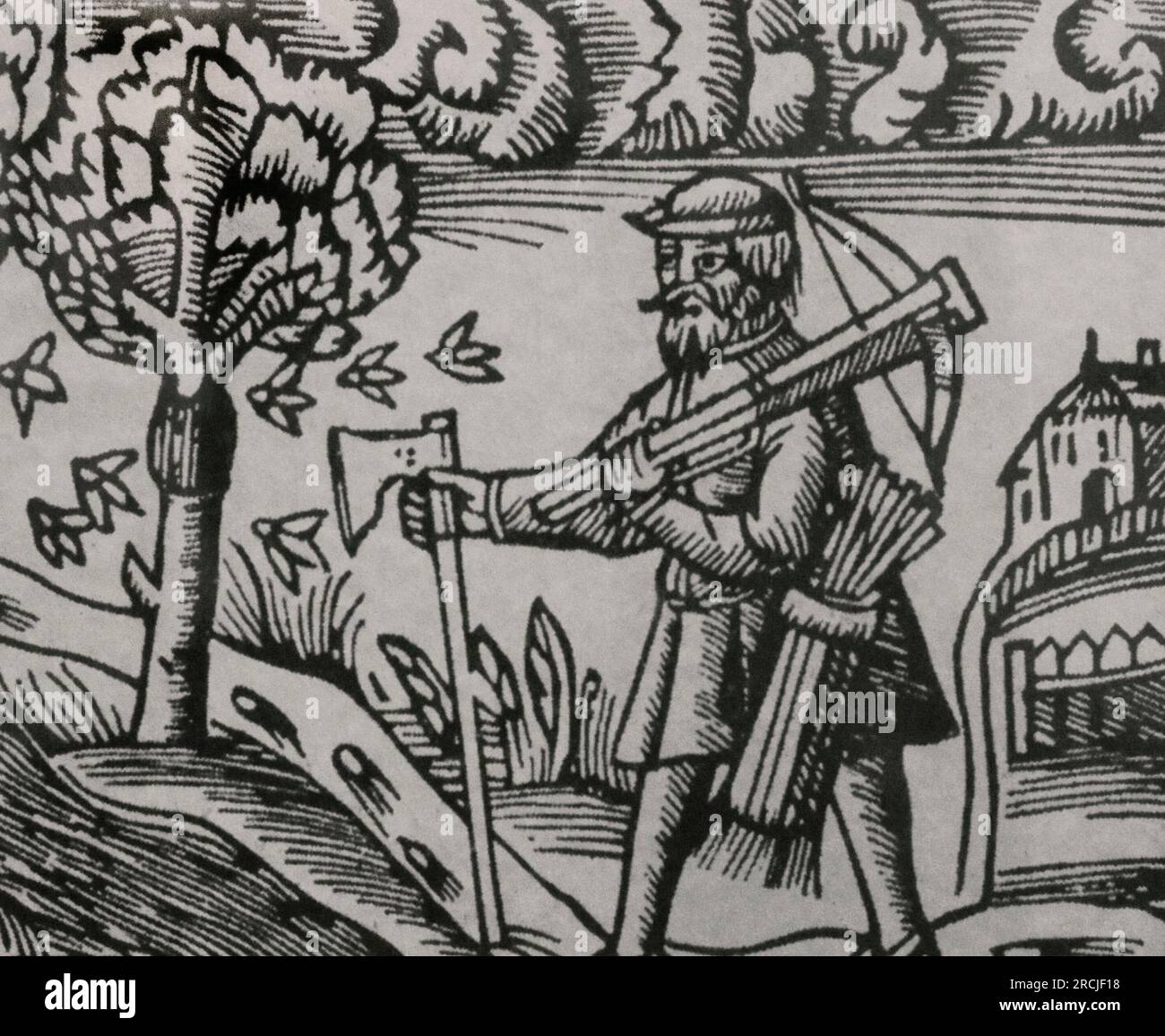 Peasant with axe, bow and arrows, 16th century, Woodcut of unknown artist. Sweden, 16th century. Stock Photo