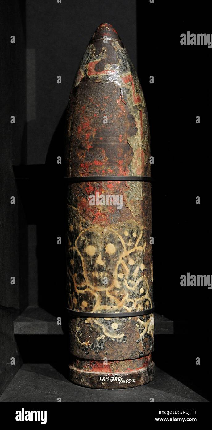 First World War (1914-1918). 105 mm artillery shell grenade with a fuse. Germany. Latvian War Museum. Riga. Latvia. Stock Photo