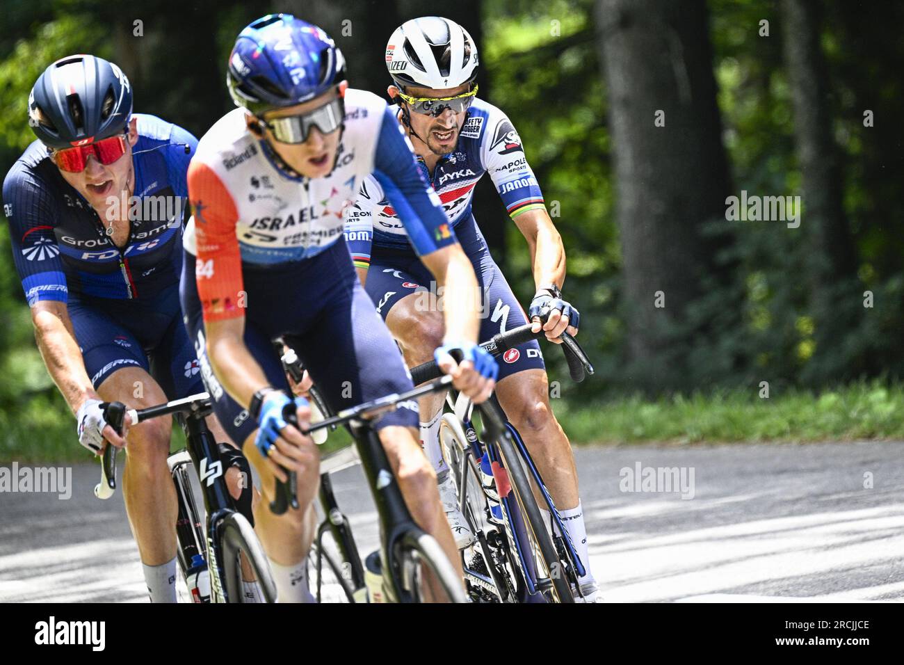 Annemasse to Morzine Les Portes du Soleil, France. 15th July 2023. French Julian Alaphilippe of Soudal Quick-Step (R) pictured in action during stage 14 of the Tour de France cycling race, from Annemasse to Morzine Les Portes du Soleil (151, 8 km), France, Saturday 15 July 2023. This year's Tour de France takes place from 01 to 23 July 2023. BELGA PHOTO JASPER JACOBS Credit: Belga News Agency/Alamy Live News Stock Photo