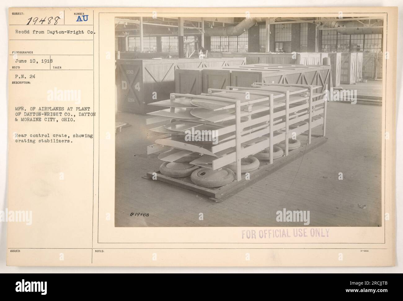Rear control crate of airplanes being manufactured at the Dayton-Wright Co. plant in Dayton & Moraine City, Ohio during World War One. The crate is shown with crating stabilizers. Image taken on August 4, 1918. Image number: 111-SC-19488. Caption is for official use only. Stock Photo